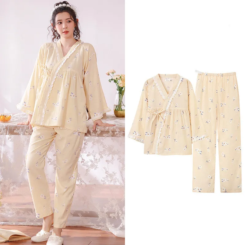 M-5XL Korean Plus Size Sleepwear Women V Neck Cotton Pajamas Set Fresh Floral Nightwear Suit Female Pyjamas Home Clothing