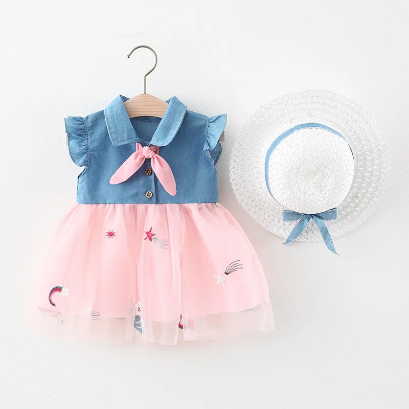 

Girl Clothing Dress for Girls Sleeveless Denim Skirt with Hat Summer Children's Dresses Bow Tie Floral Net Yarn Summer Dresses