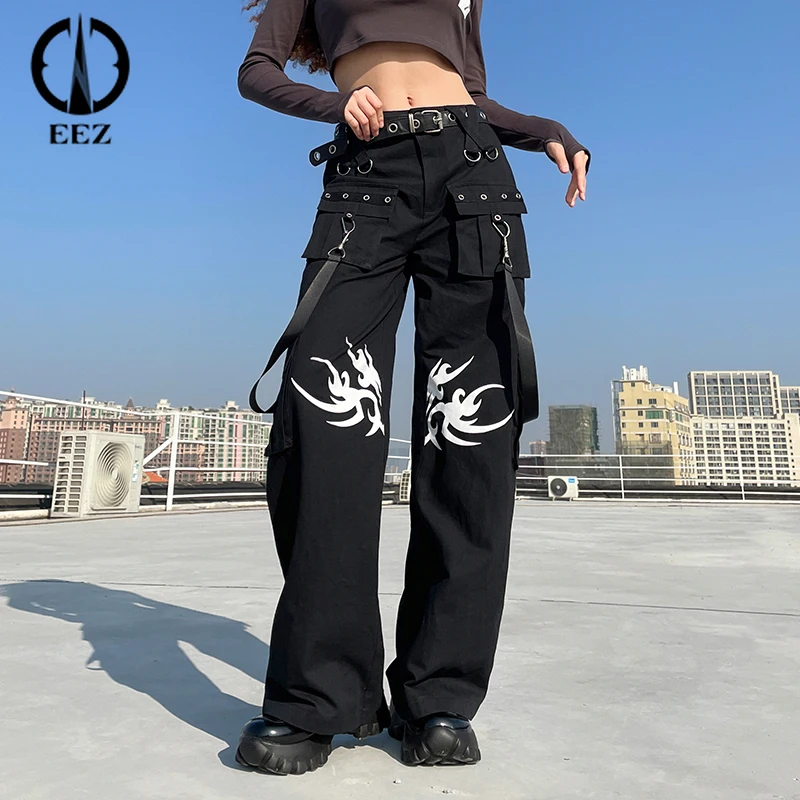 

【Detachable Strap】Women Black Cargo Pants Punk Baggy Vintage Trousers Low-Waist Zipper Flame Print Casual Pants Sweatpants Y2k