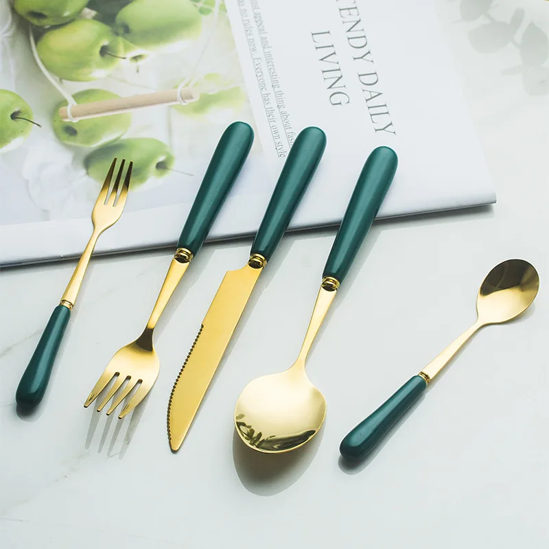 

Stainless Steel Steak Knife Fork Coffee Spoon Knife Fork Dark Green Fruit Fork Knife Cutlery Set Dishwasher Safe To Use