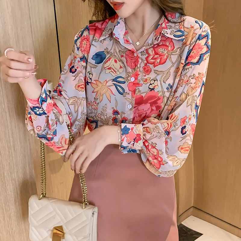 

Chiffon Women's Blouse Polo Girl's Shirt Printing Long Sleeve Top Spring Casual Loose Summer Korean Style Female Clothing