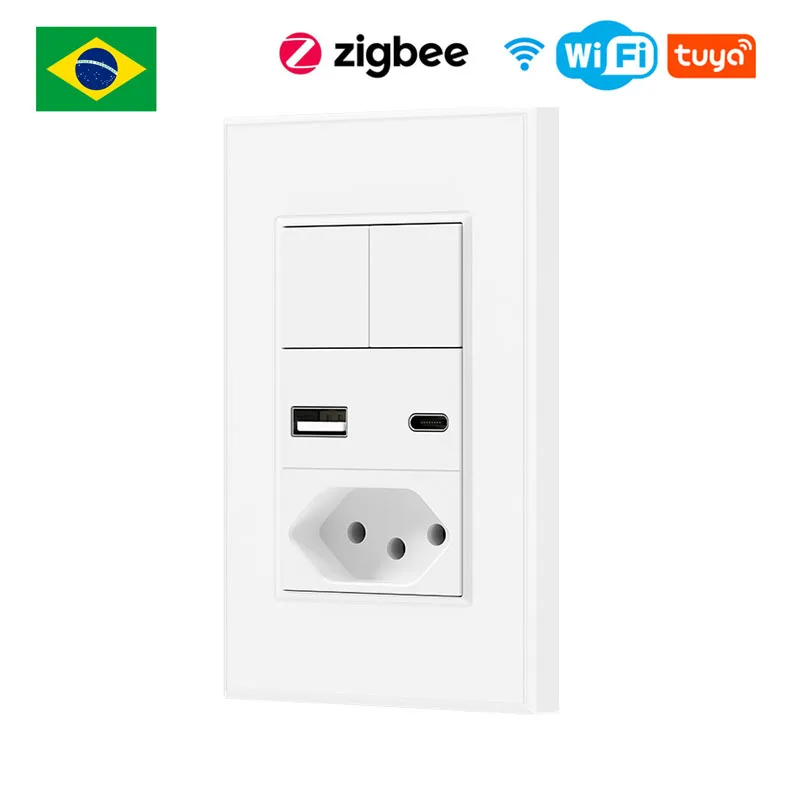 Tuya WiFi Zigbee Smart Plug Brazilian Wall Socket 2 Gang Light Switch with USB Type C Port Outlets Control by Alexa Google Home