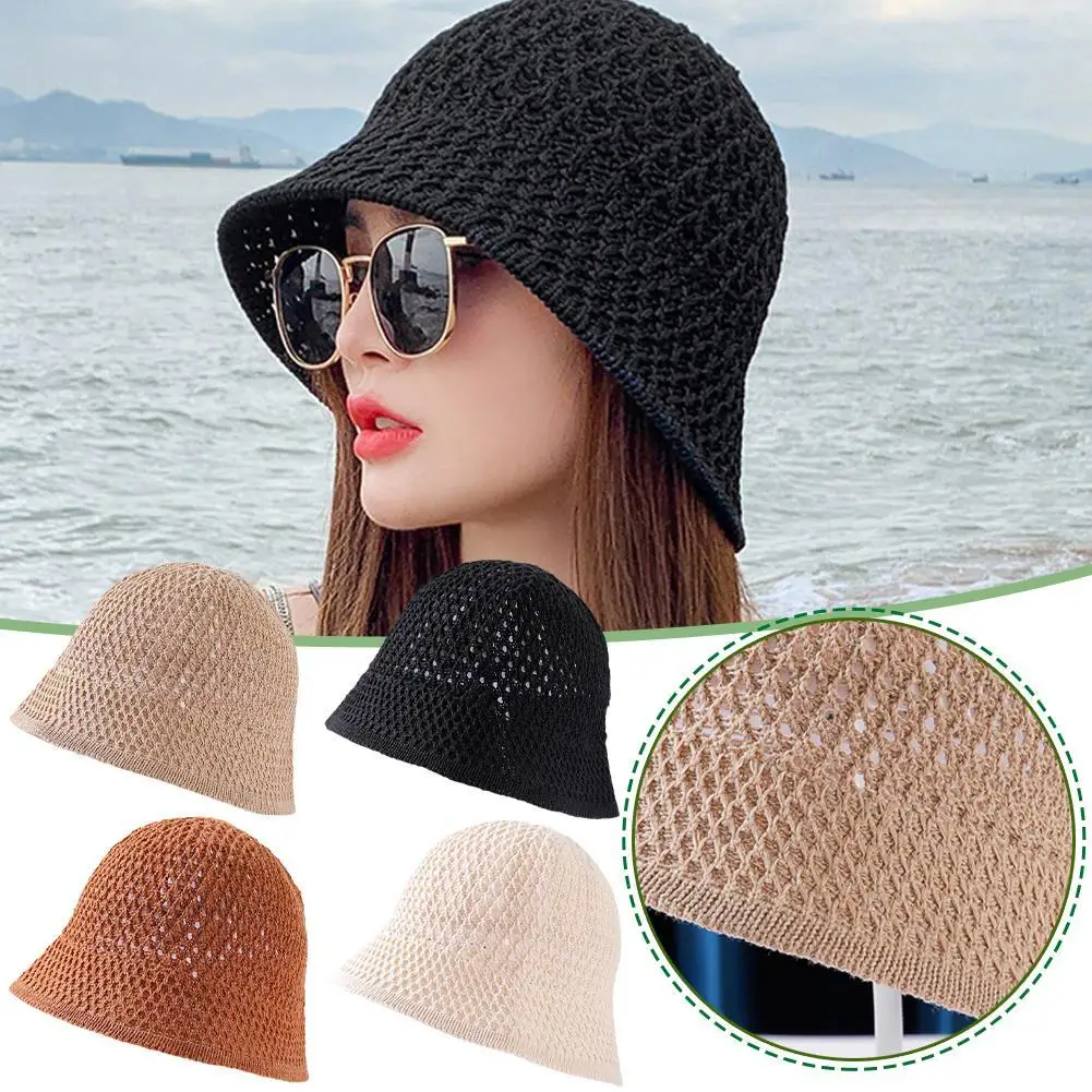 

Handmade Crochet Floppy Top Summer Hats Collapsible Dome Bucket Hat Hollow Out Solid Color Beach Caps Simplicity Soft Women Hat