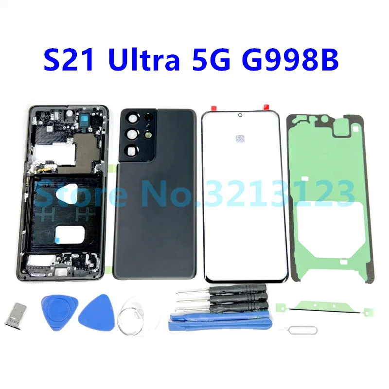

Полный корпус, задняя крышка, стеклянная средняя рамка для Samsung Galaxy S21 Ultra 5G G998F G998B G998F / G998DS G998, комплектные детали