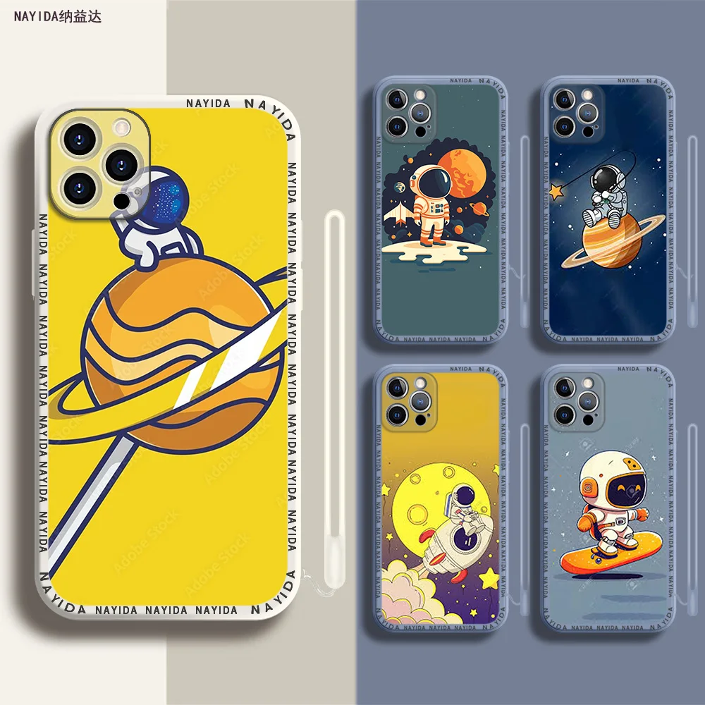 

Soft Silicone Phone Case For iPhone 14 13 11 12 Mini Pro Max XS XR X Blue Lanyard Cover Cute Cartoon Planet Astronaut