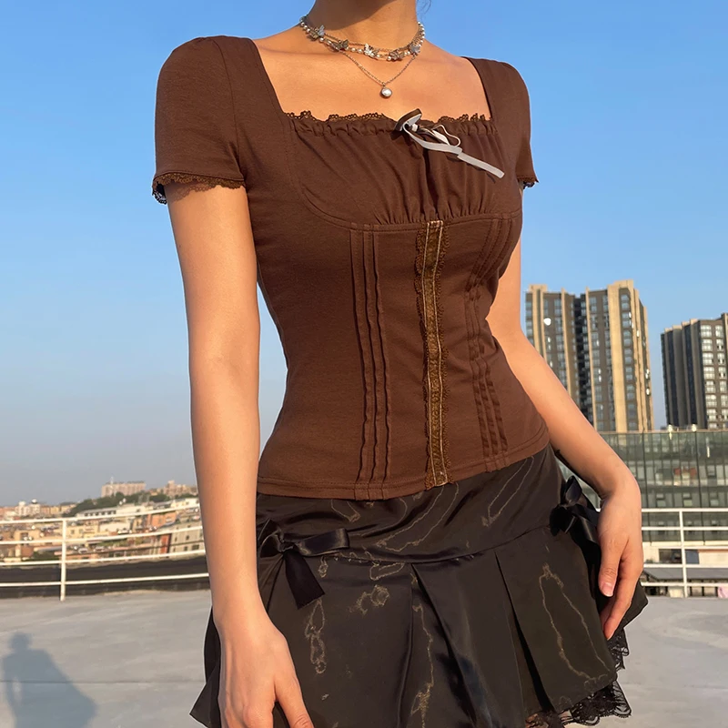 

Женская Винтажная Футболка kayojuta, летняя, ретро, базовая, облегающая, плиссированная, кружевная, с бантом, коричневая, однотонная, женская ули...