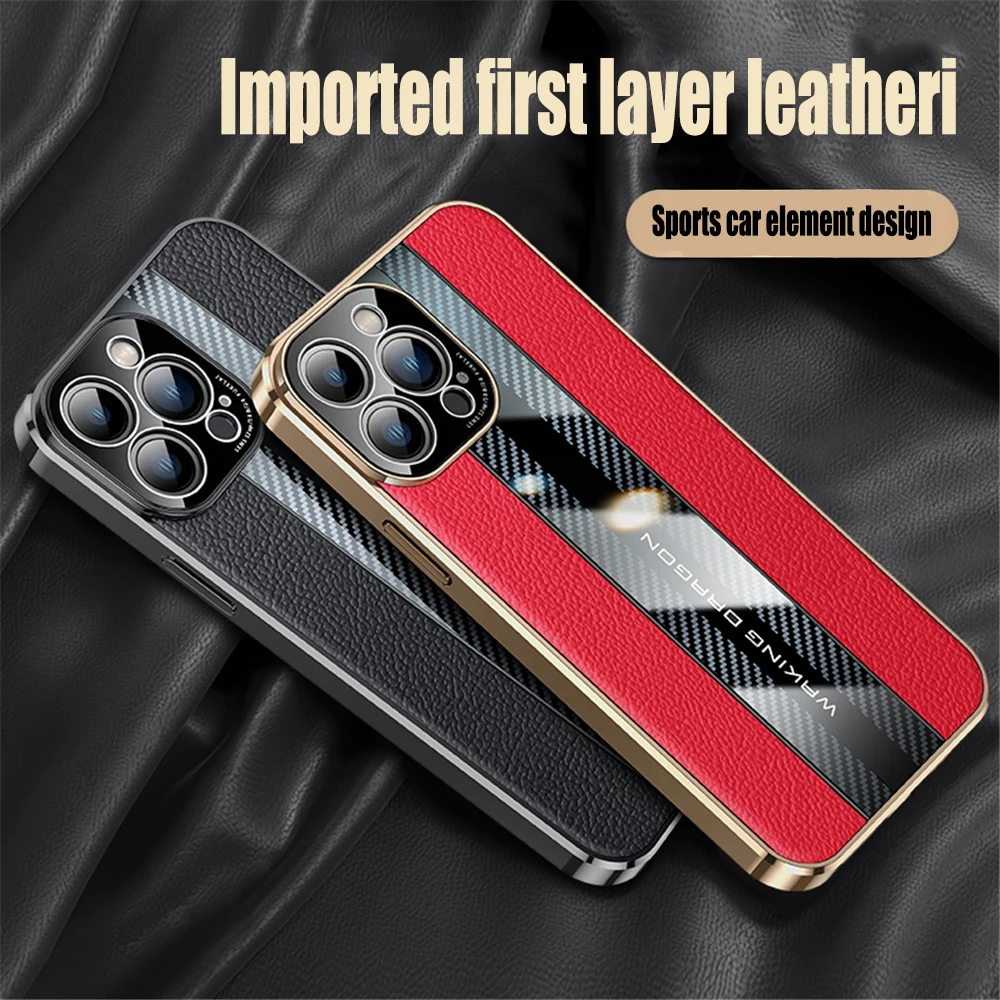 

Carbon Fiber Genuine Leather Cover For iPhone 13 Pro Max 12 11 Mini Case Camera Protection Shockproof Phone Case Coque Fundas