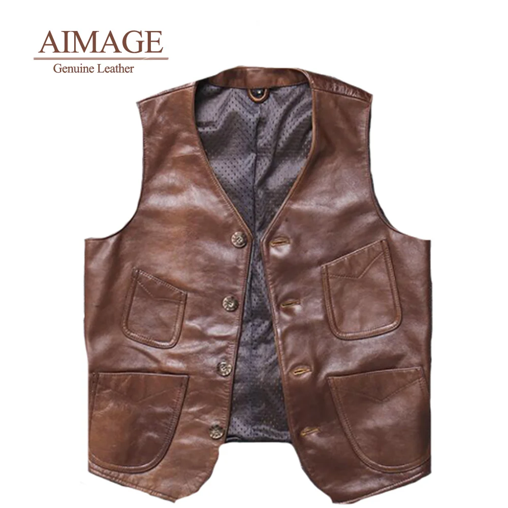 

Men Genuine Leather Vest Short Vintage Sleeveless Jaqueta Couro Motociclista Multi-Pockets Size 4XL Breathable Overcoats PY275