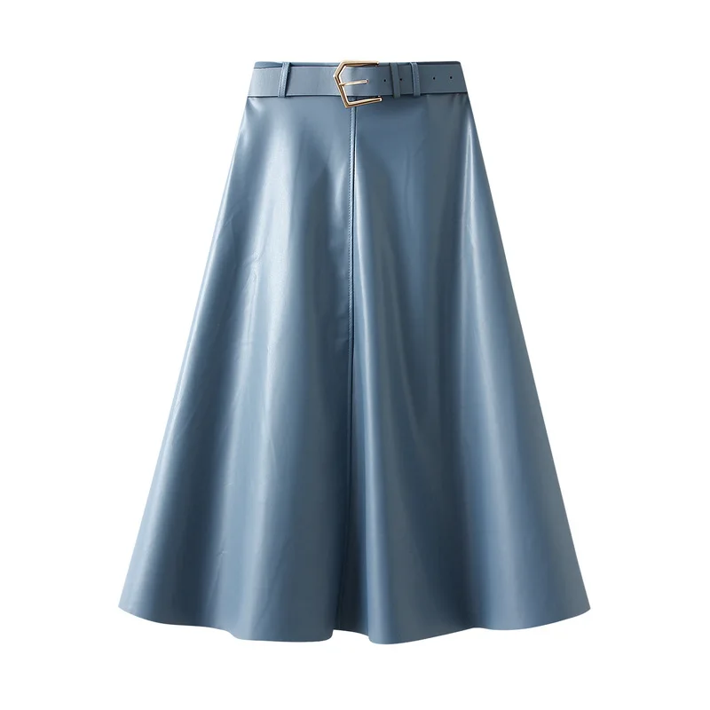 

2022 Spring Autumn New High Waist Big Swing Skirt Women with Belt Retro Patchwork PU Leather Skirt for Women