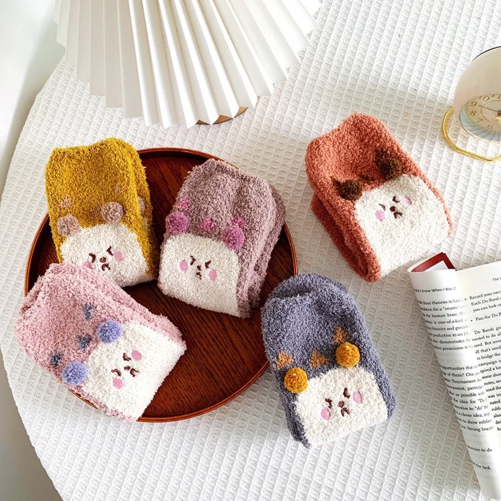 5 Pairs New Cute Hedgehog Coral Fleece Sleeping Floor Socks Three-dimensional Embroidery Cartoon Furry Sweet Beauty Women Socks