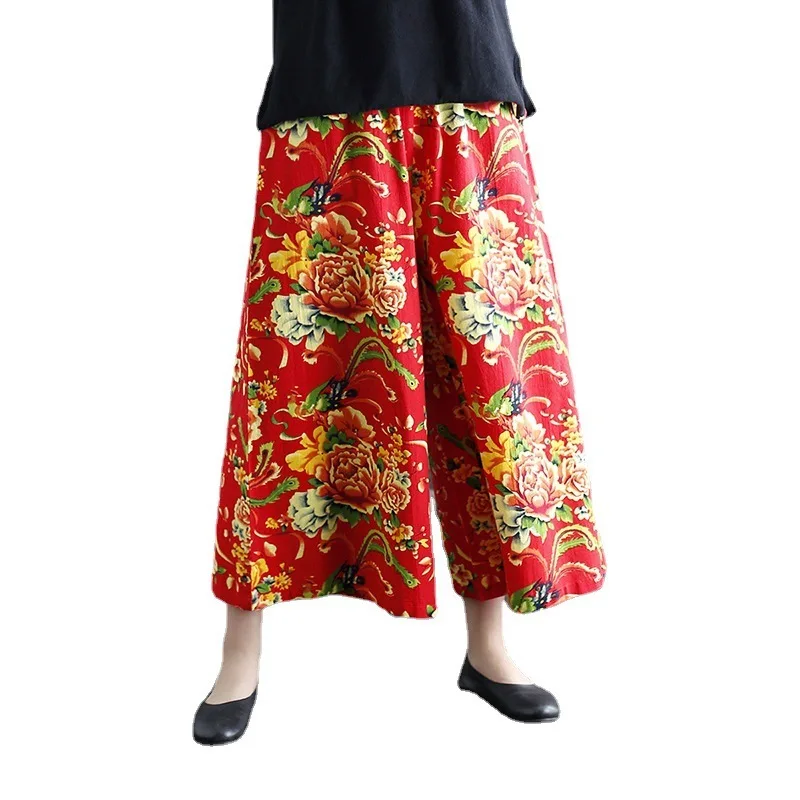 

Cotton Linen Pants Chinese National style Print Ankle-Length Pants Loose Comfortable Women Wide Leg Elastic Waist Trousers