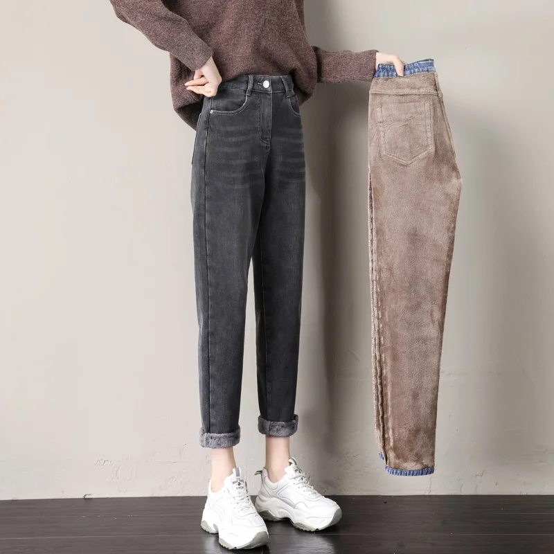 

Зимние джинсы для женщин, бархатные плотные теплые джинсовые брюки с высокой талией, флисовые джинсы для мам, мешковатые винтажные широкие брюки-шаровары из денима