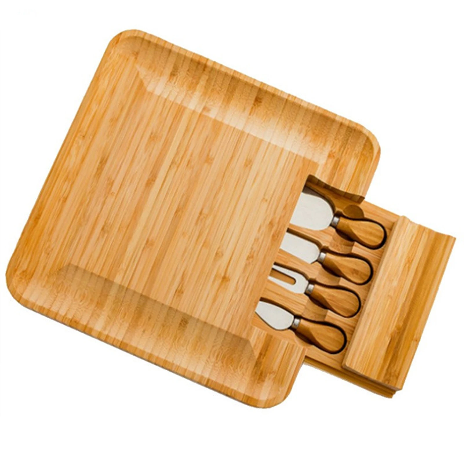 

Bamboo Wood Cheese Board And Knives Set Charcuterie Platter With Slide-Out Cutlery Drawer Serving Tray For Meat Crackers Fruit