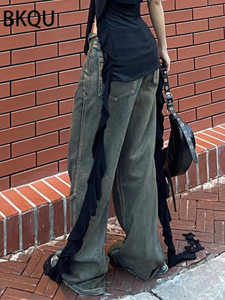 BKQU Multi-Pocket Washed Cargo Pants Y2k Retro Low Waisted Straight Baggy Jeans Women Bright line Denim Trousers Fairycore 2023