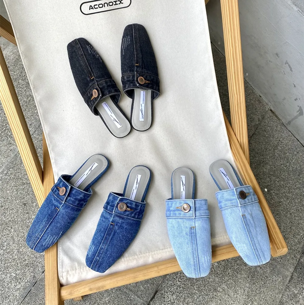 

Square Toe Women Slippers Denim Fashion Casual Slides Flat Heeled Black Blue Buttom Design Slip On Shallow Flip Flips 35-39
