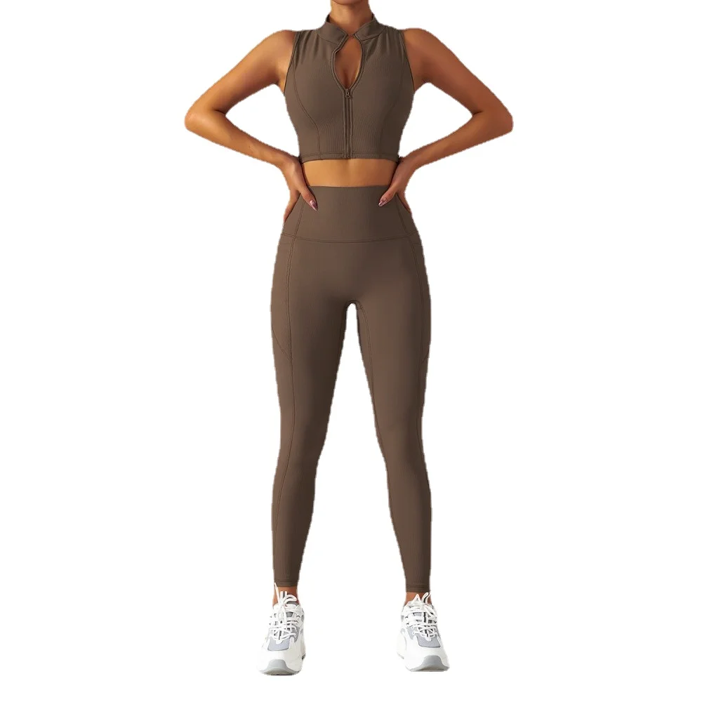 Breathable zipper long sleeve yoga clothes set female training outside wear fitness clothes high strength tight running sports s