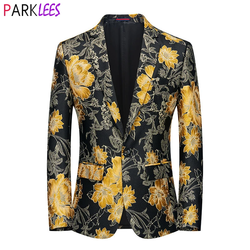 Luxury Yellow Floral Embroidery Tuxedo Suit Jacket Men One Button Slim Fit Dress Blazers Party Wedding Dinner Costume Homme 6XL