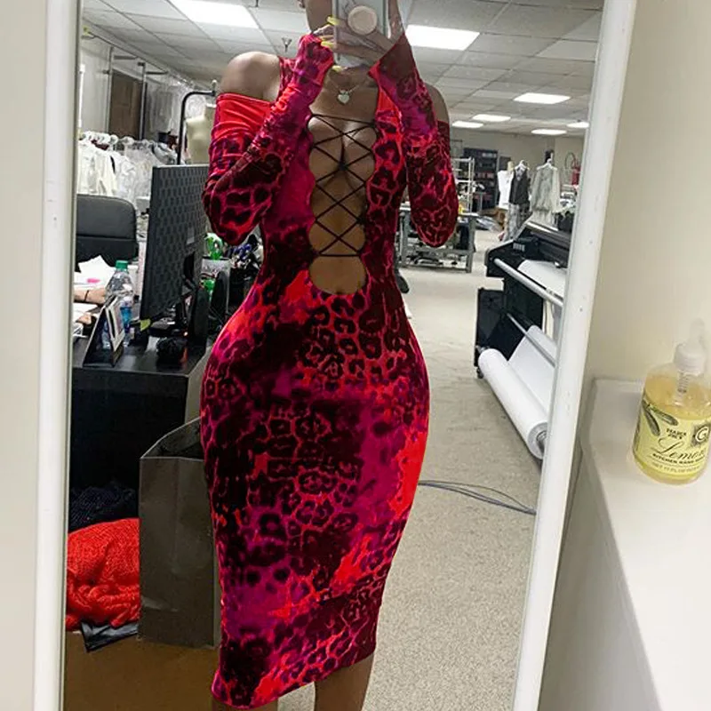 

Sexy Long Sleeve Dress Women Hollow Out Bodycon Bandage Leopard Print Dresses 2021 New Multicolor Night Party Club Evening Wear