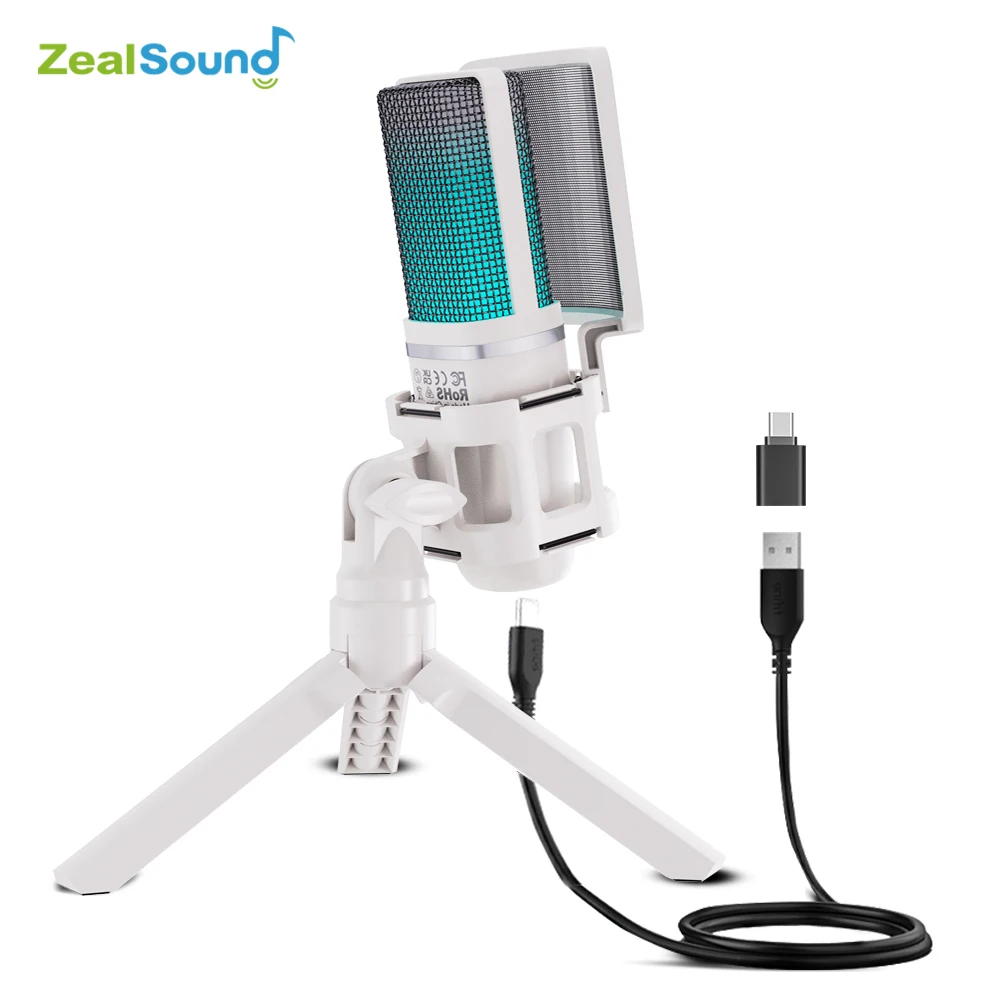 Zealsound RGB Podcasting Microphone White USB Condenser Mic For PC PS5 PS4 Mac with Phone Adapter For Recording Streaming Gaming