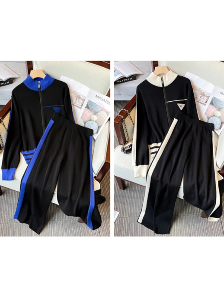 

Zipper Knitting Hoodie + Wide Leg Trousers Two Piece Set Womens Autumn Streetwear Sport Black Pants Set Vintage Tracksuit Female