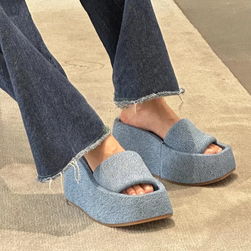 Denim Blue Square Toe Thick-Soled Slippers Women Summer 2023 Height-Increased Sandals Platform High-Heel Shoes for Women