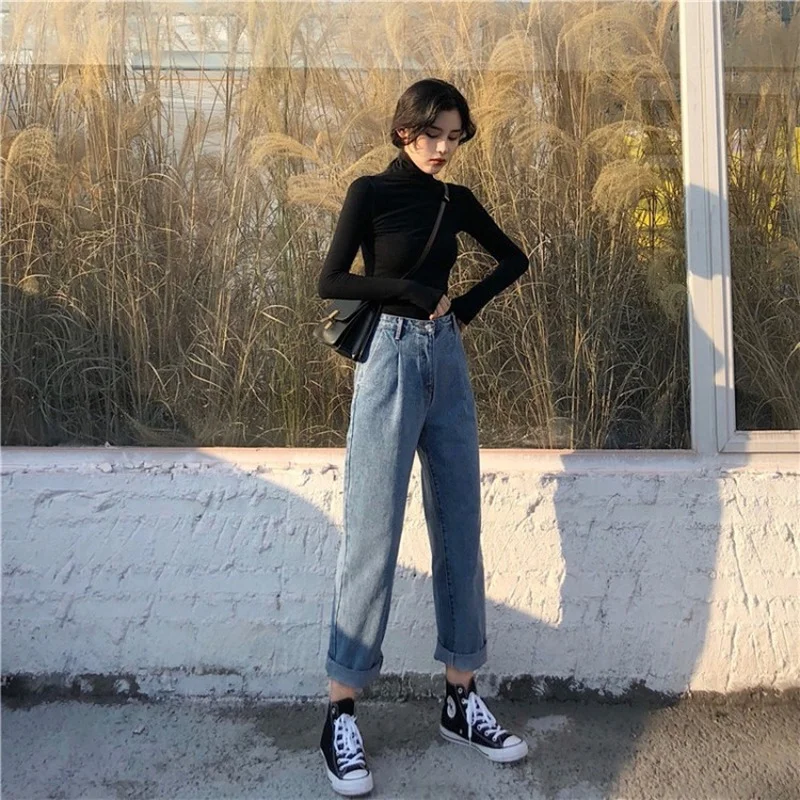 Casual Loose Straight Jeans with Free Bottoming-shirt 2023 Women Korean Fashion High Waist Denim Pant Summer Trousers Streetwear