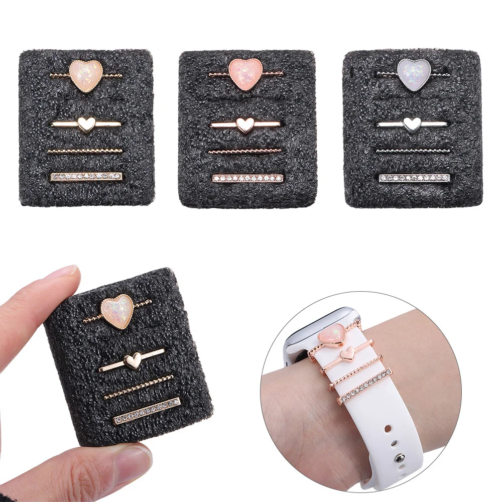 

For Apple Watch Band Metal Love Charms Decor Ring Diamond Ornament Smart Watch Silicone Bracelet Strap Accessories Jewellery