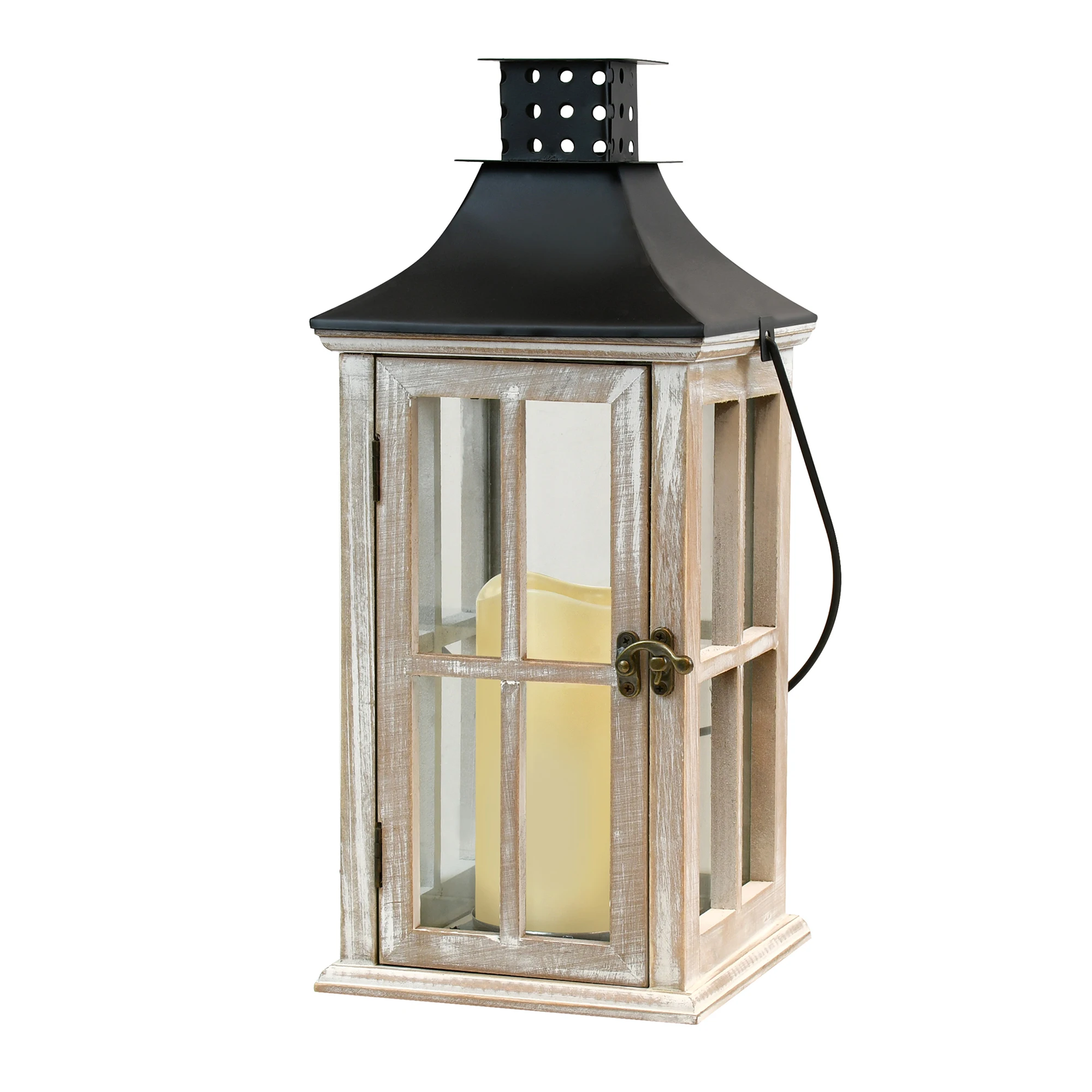 

HMTX Wooden Lantern with Battery Operated Candle - White Washed with Black Roof