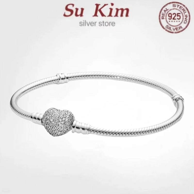 

Hot Sale Real 100% 925 Sterling Silver pan bracelet Love heart crystal bracelet For Women Fit Original DIY Charm Jewelry