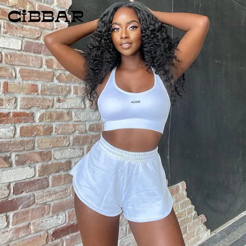 

CIBBAR Jogger Casual Fashion Two Pieces Sets Sportywear Crop Vests Top+Loose Elastic Waist Shorts Tracksuit Female Slim Outfits