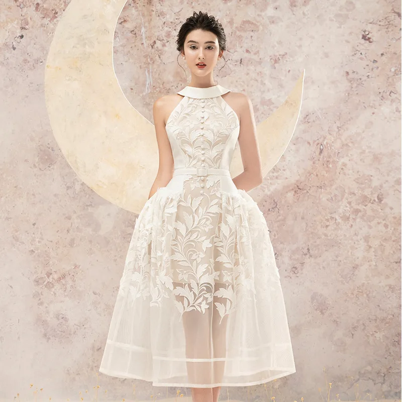 

SuperAen 2022 New Hanging Neck Organza Embroidered Printing A-LINE Mid-Calf Dress for Women