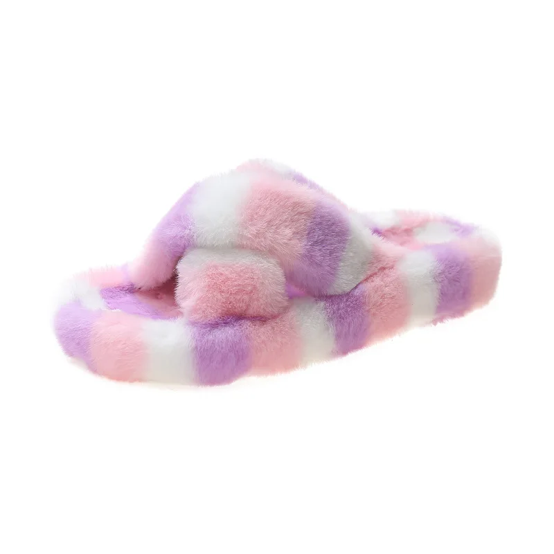 

Women Shoes 2022 Winter Indoor Warm Fluffy Flat Slides Woman Platform Slippers Plus Size Rainbow Cotton Slippers Zapatos Mujer