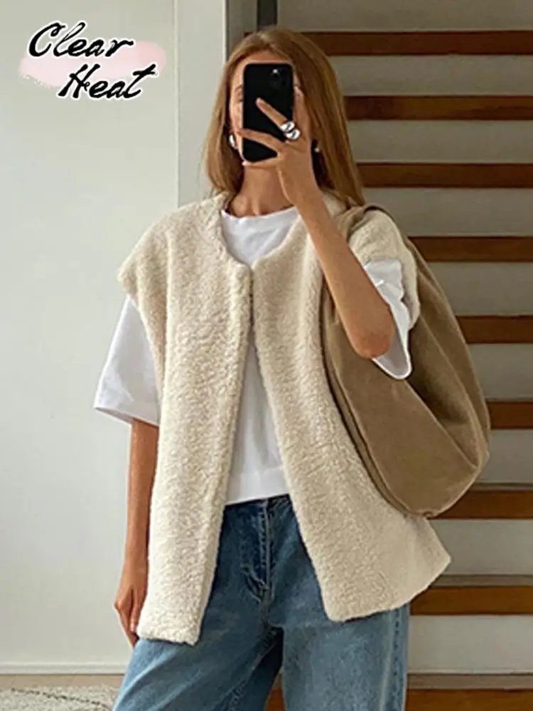 

White Wool Wram Loose Cardigans For Women Fashion O Neck Sleeveless Thick Solid Cotton Vest Fashion Ladies Antumn Winter Coat