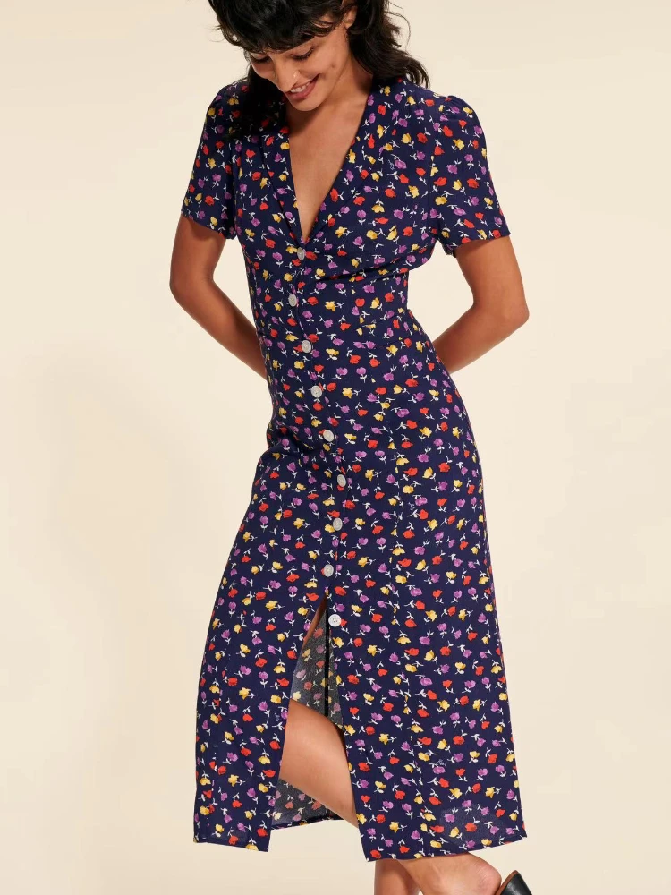 2023 Spring and Summer New Dress Women Retro Print Slim-fit Single-breasted Lapel Dress