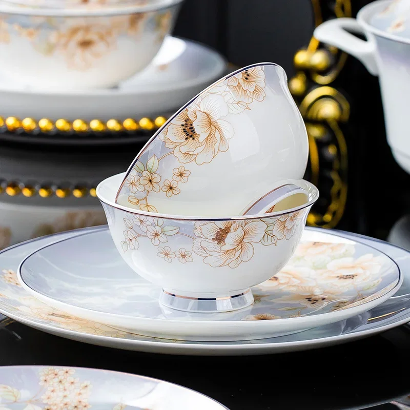 

2023 New Tableware Item Begonia Random Combination Jingdezhen Bone China Tableware Household Bowl Plate Rice Bowl