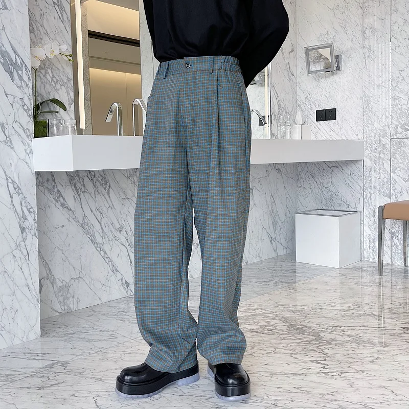 

Fashion Man Trousers Oversize Plaid Straight Pants High Waist Elastic Relaxed Bottoms Spring Autumn Chic Design Check Pant Men