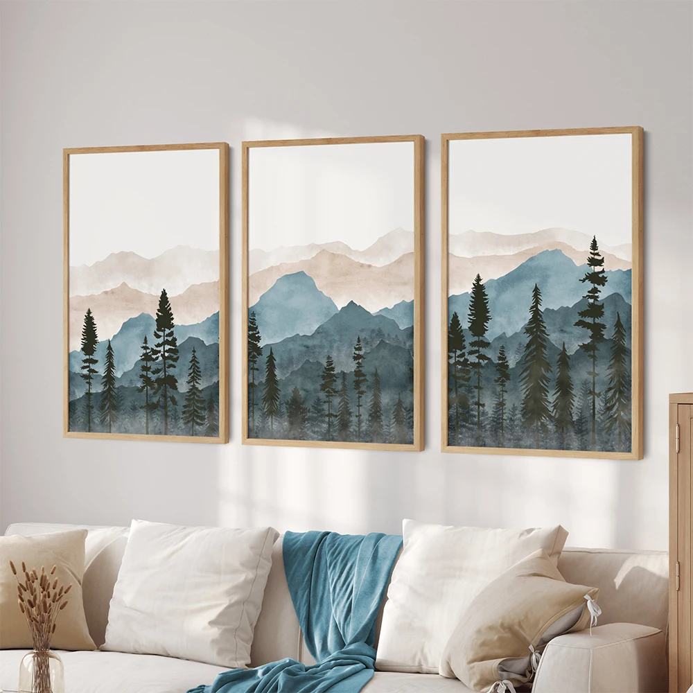 

Abstract Blue Watercolour Landscape Mountain Tree Wall Art Canvas Painting Nordic Poster Print Wall Picture Living Room Decor