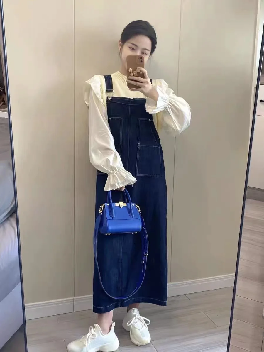 Winter Maternity Clothes Set Sweet Long Flare Sleeve Ruffled Sweater Denim Overalls Vintage Pregnant Women Cotton Clothes Sets