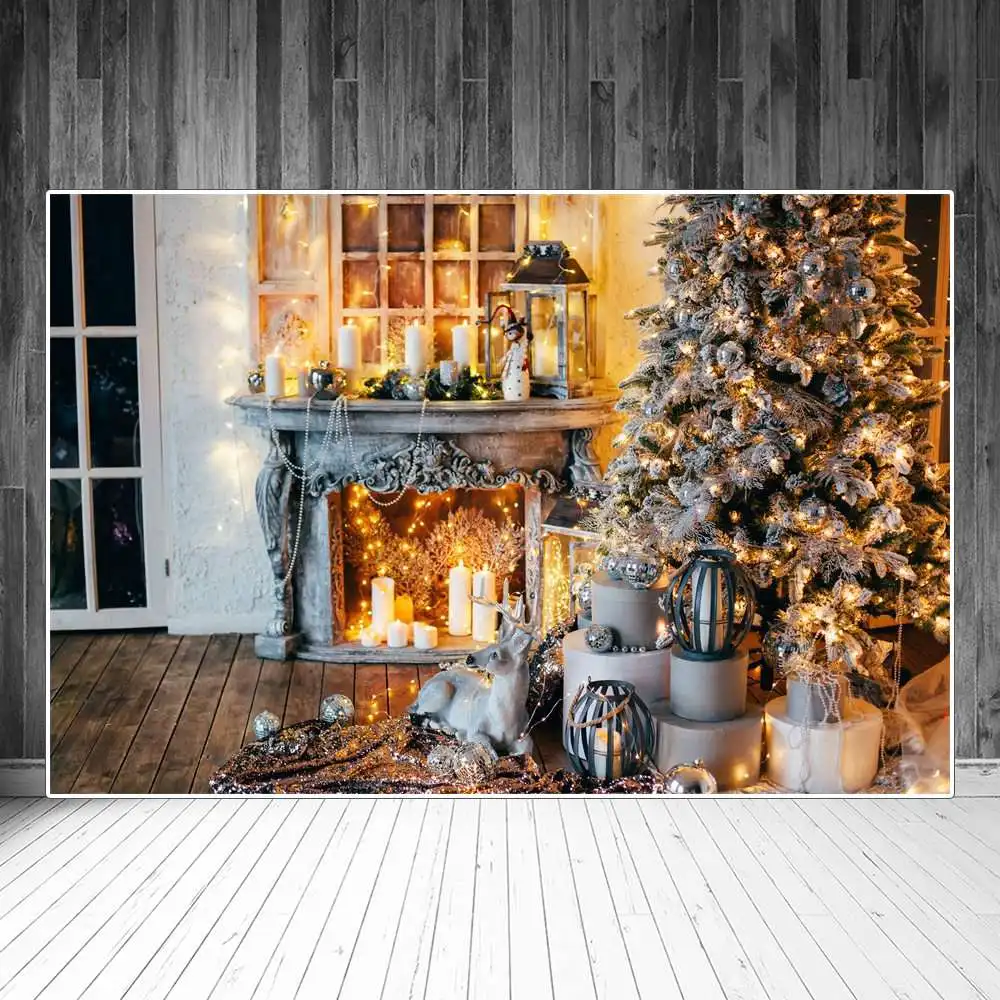 

Christmas Tree Gift Candles Fireplace Room Interior Photography Backgrounds Custom Baby Party Decoration Photo Booth Backdrops