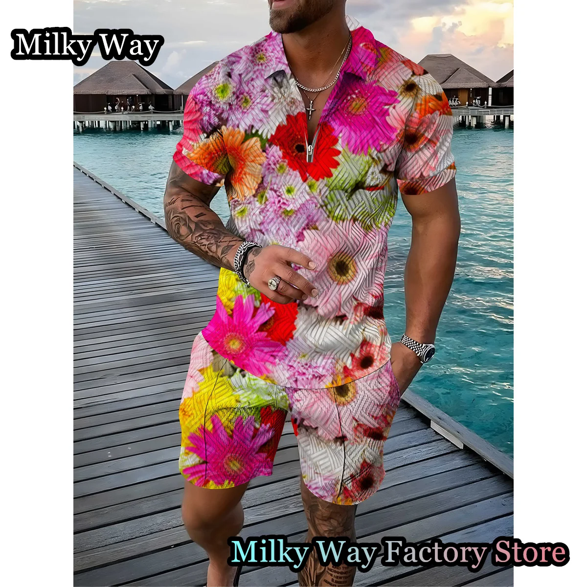 New Summer Men's Vintage Polo Shirt Set 2 Pieces Floral Printing Tracksuit Male Trun Down Collar Outfit Casual Hawaii Clothing