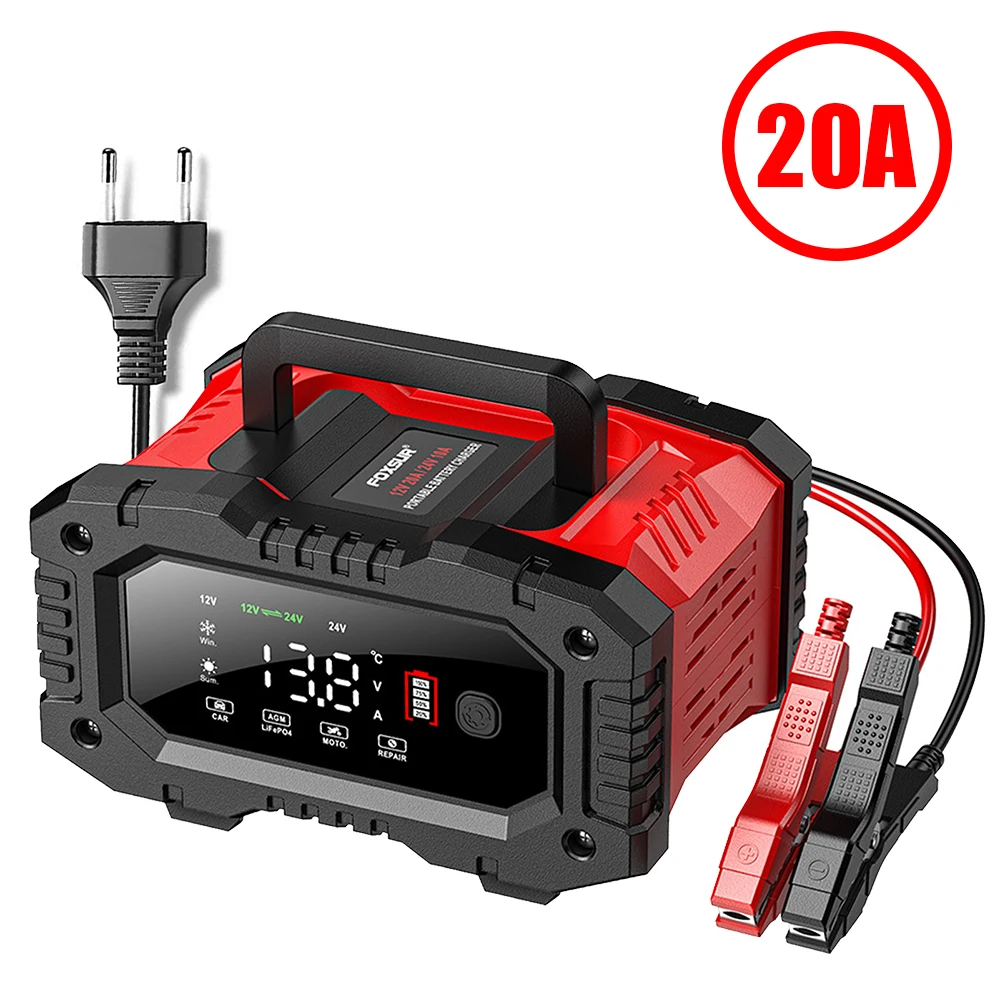 

FOXSUR 20A Автомобильное зарядное устройство для 12 В/24 В с импульсным ремонтом, портативное интеллектуальное зарядное устройство для грузовика, мотоцикла AGM/LA/LiFePO4