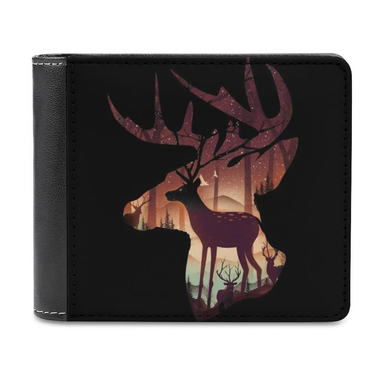 

Mystical Deer Leather Wallet Men's Wallet Purse Money Clips Deer Stag Mystical Nature Forest Trees Illusion Deers Animal