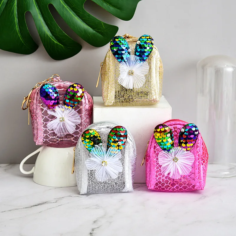 

2023 Детский кошелек для монет, чехол для ключей, сумка для хранения данных, мультяшный Детский кошелек с кроличьими ушками и блестками с цепочкой для ключей