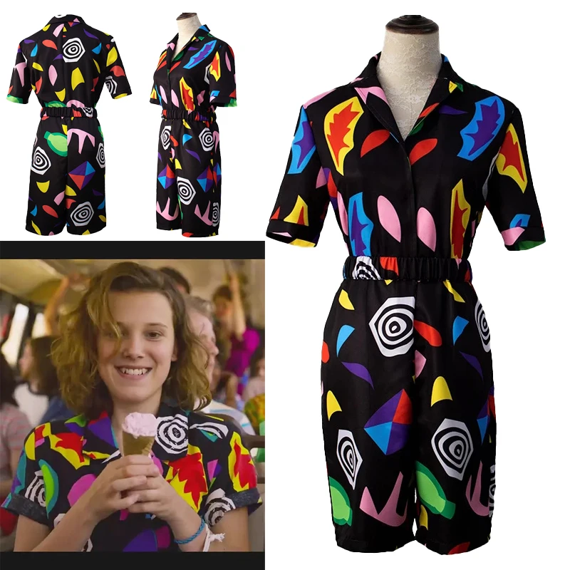 

Stranger Things Eleven Goes To Mall Cosplay EL Clothing Jumpsuit Swirl Printed Belted Romper The Mall Rats Outfit Suit Women