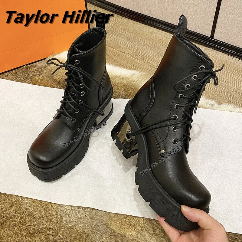 

Vintage Thick Soled Thick Heel Motorcycle Boots Punk Lace Up Metal High Heel Lace Up Women'S Boots Fashion Winter Autumn Women'S