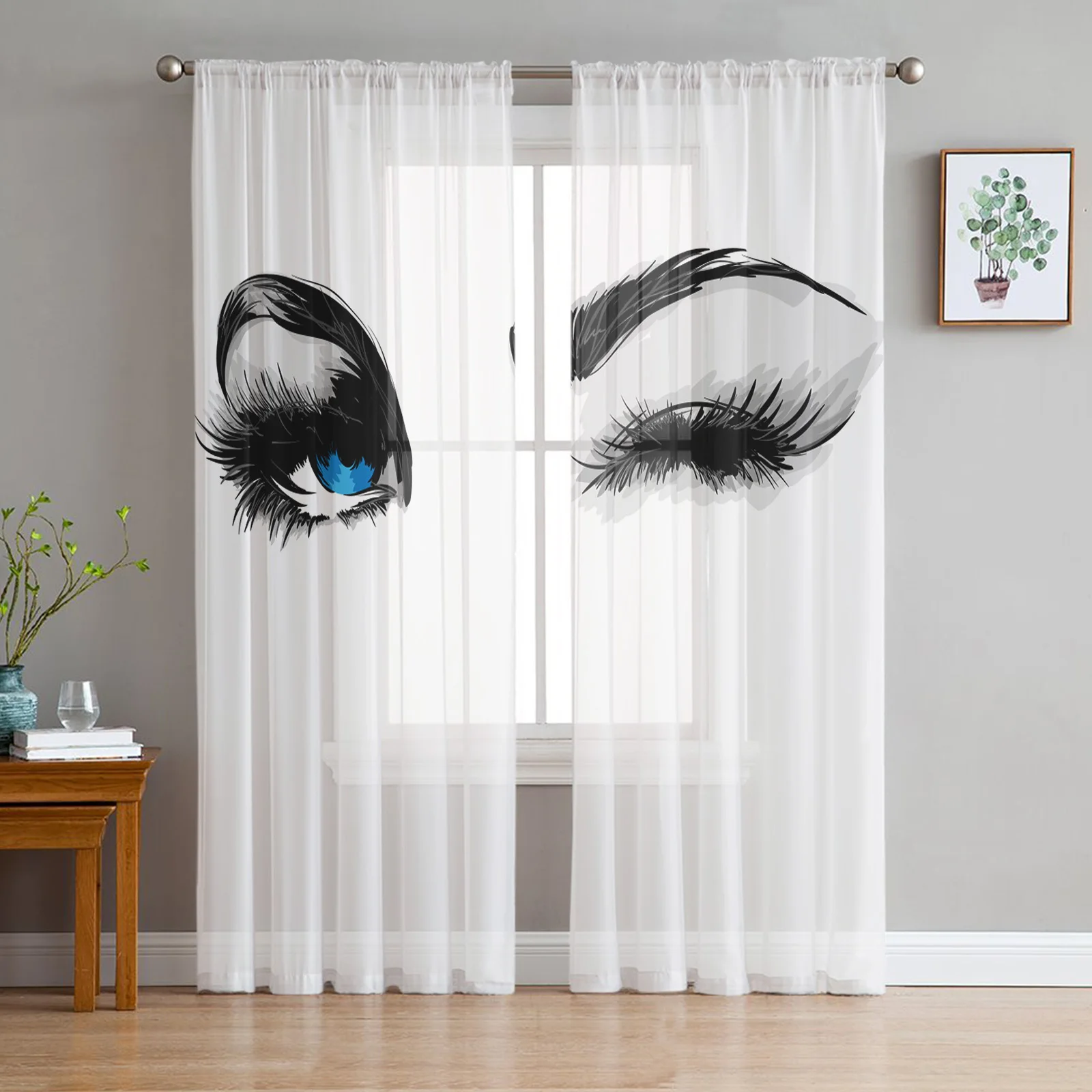 

Blue Eyes Eyelashes Woman White Sheer Curtains for Living Room Bedroom Kitchen Tulle for Windows Voile Yarn Curtains for Bedroom