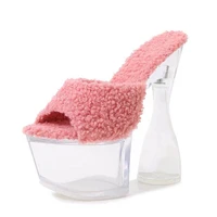 crystal thick high heel shoes summer sexy sandals for lady outdoor slides slip on round toe soft teddy fur slippers