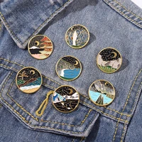 geometric round enamel brooch custom moon star dolphin lapel pin clothes bag denim men and women fashion jewelry gift