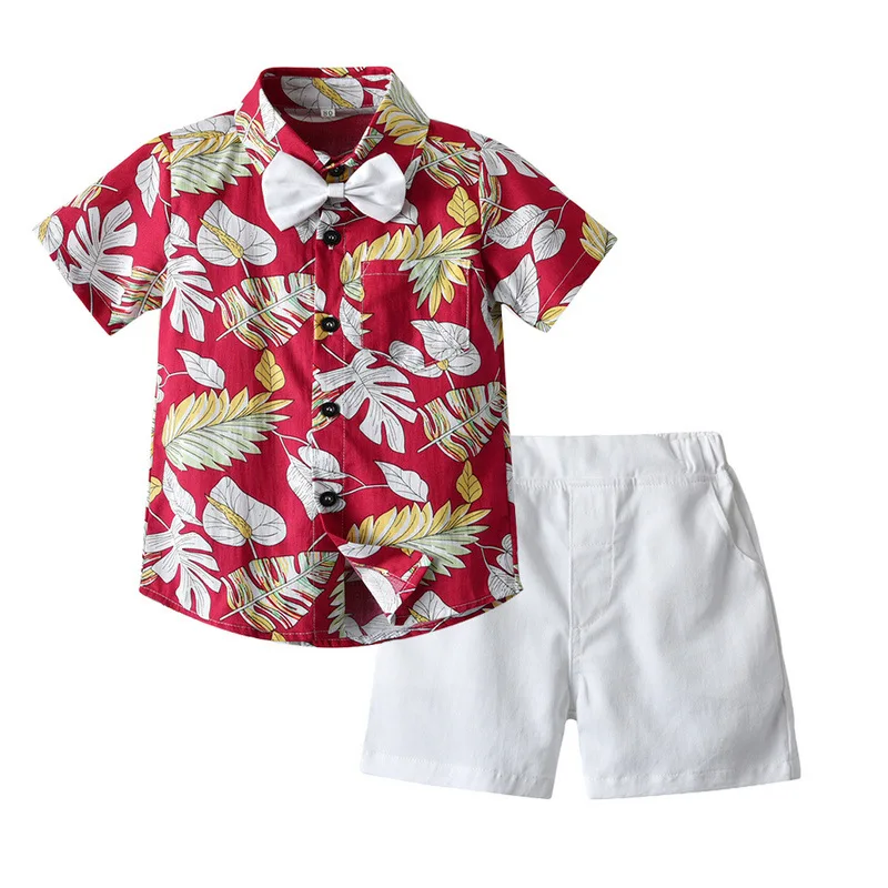 

Summer Baby Boy Formal Clothes Gentleman Birthday Suit Kids Cotton Print Shirt +Shorts 2Pcs Toddler Children Beach Clothing Set