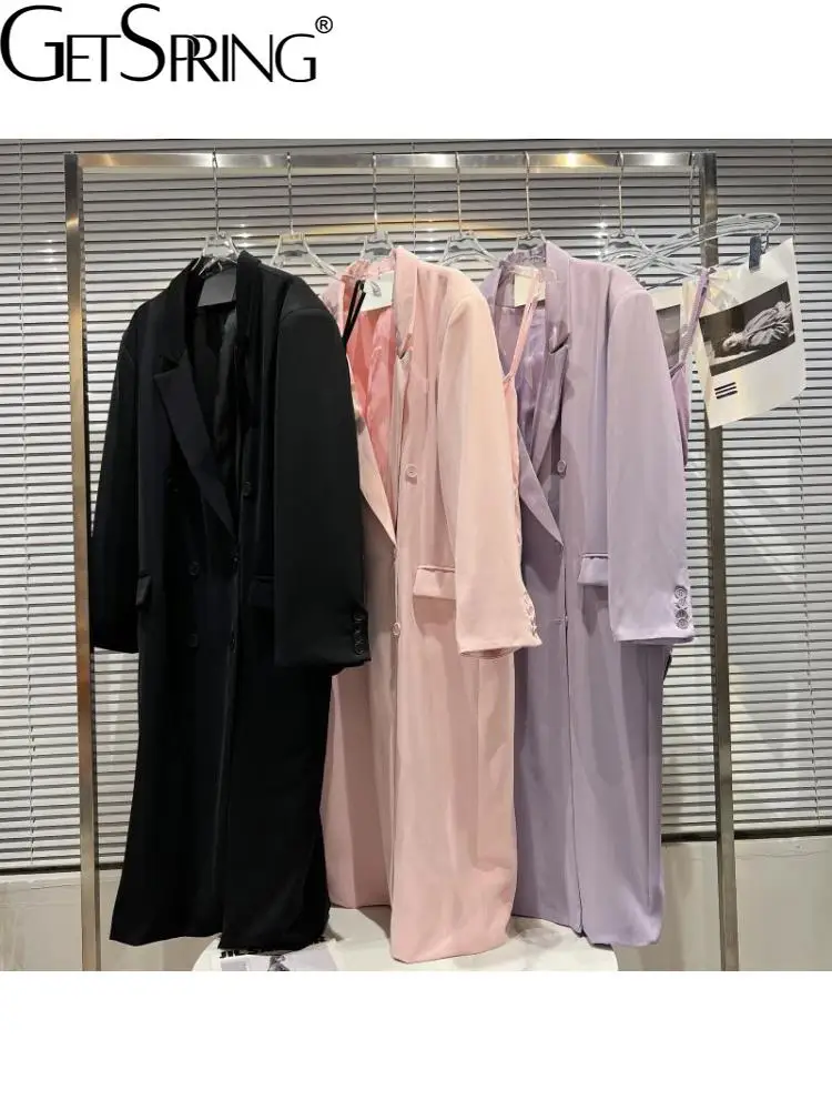 

GetSpring Women Trench Coat Long Sleeve Double Breasted Female Windbreaker Solid Loose Long Ladies Overcoat With Suspender 2022